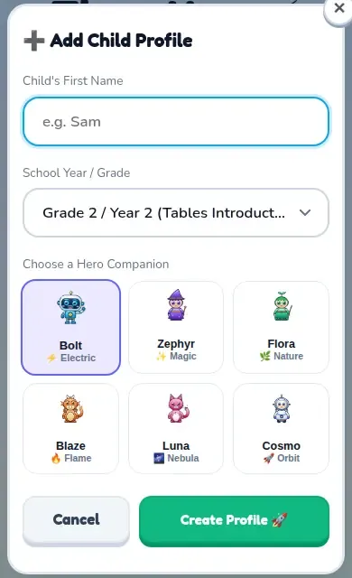 The Add Child Profile box, with a name field, a school year list and six heroes to choose from.