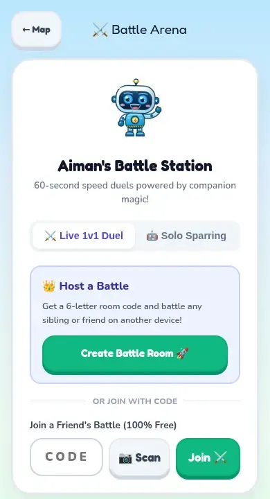 The Battle Arena with a Create Battle Room button, and a box to type a code, Scan and Join.