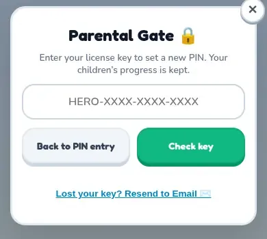 The PIN reset screen asking for the license key, with the Back to PIN entry and Check key buttons.
