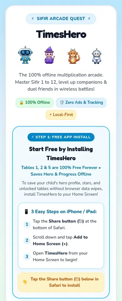 The TimesHero start screen on an iPhone, showing the three steps to add it to the home screen.