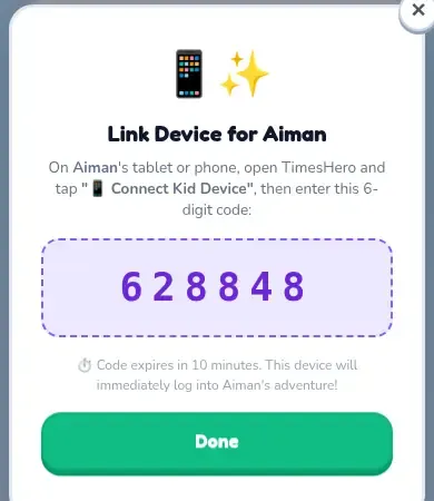 The Link Device box showing a 6-digit code and a note that it expires in 10 minutes.