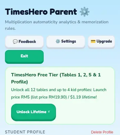 The Parent Dashboard on the free plan, with the Upgrade button and the green Unlock Lifetime banner.