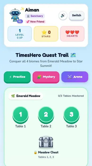 The TimesHero quest map, with the child's hero at the top and the Emerald Meadow and Crystal Caverns areas below.